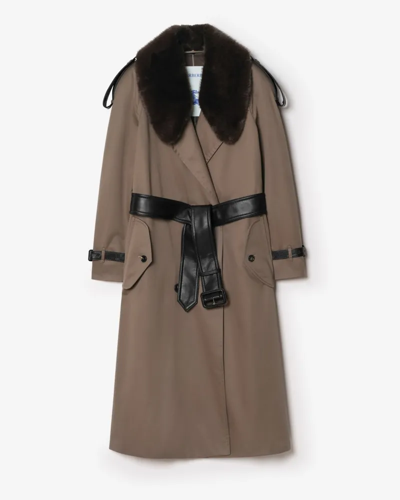 Burberry Langer Trenchcoat „Roseville“ mit Kunstpelzkragen , Size Sepia