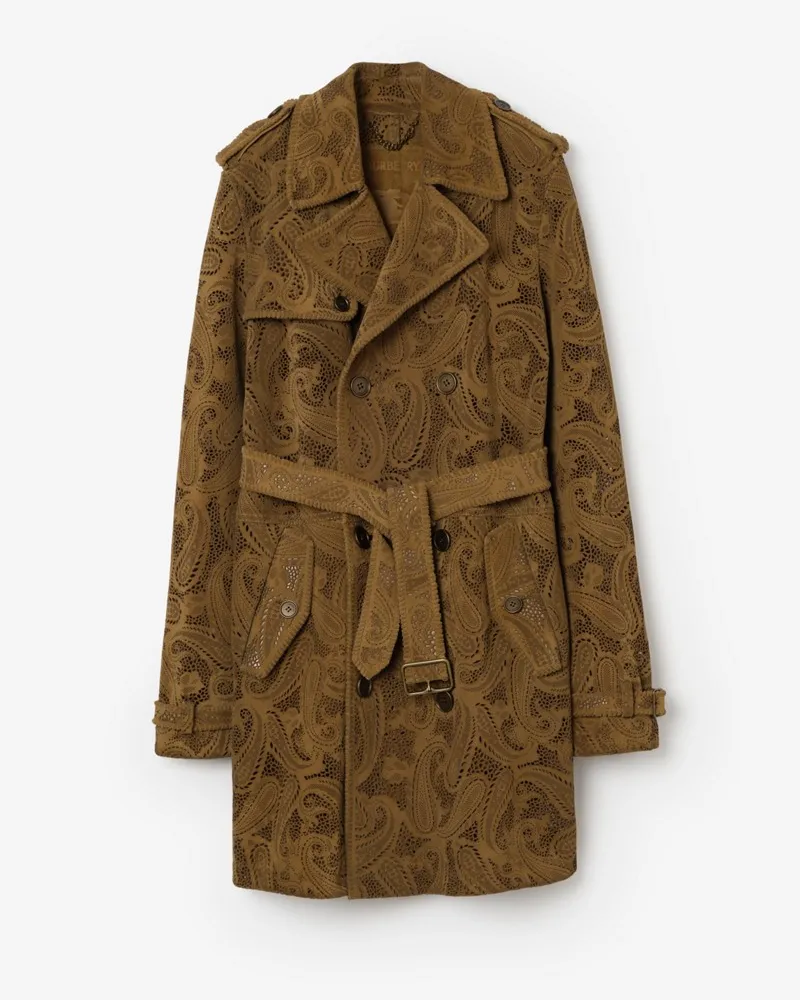 Burberry Mittellanger Veloursleder-Trenchcoat „Lawshall“ mit Paisley-Muster , Size Hellbraun