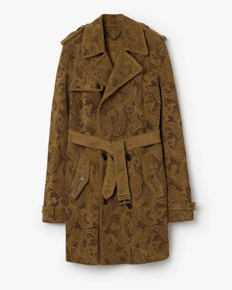 Burberry Mittellanger Veloursleder-Trenchcoat „Lawshall“ mit Paisley-Muster , Size Hellbraun