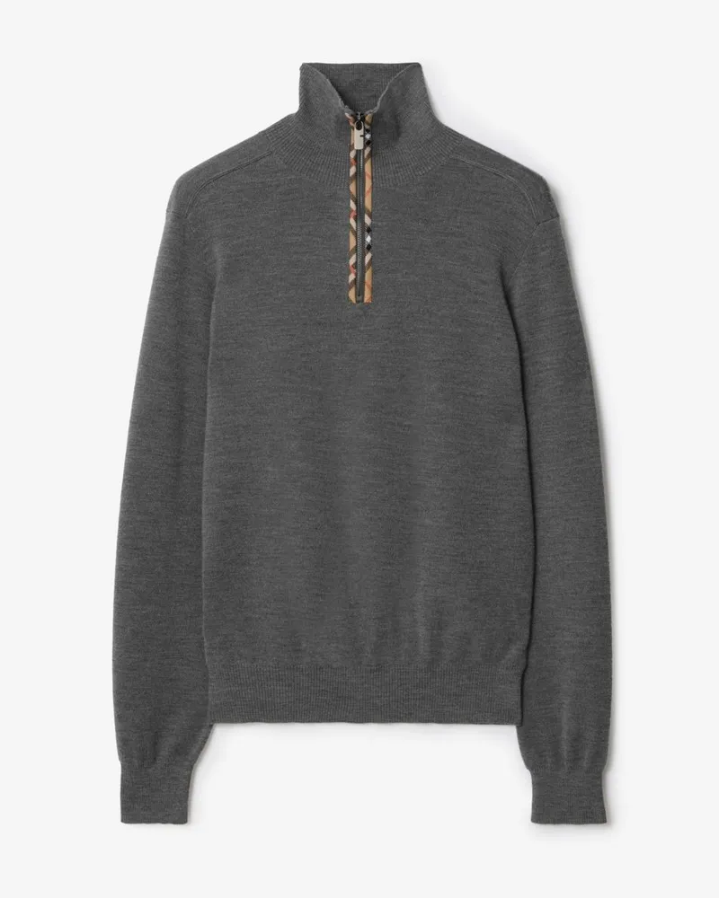 Burberry Wollpullover mit Check-Besatz und halblangem Reißverschluss Grau