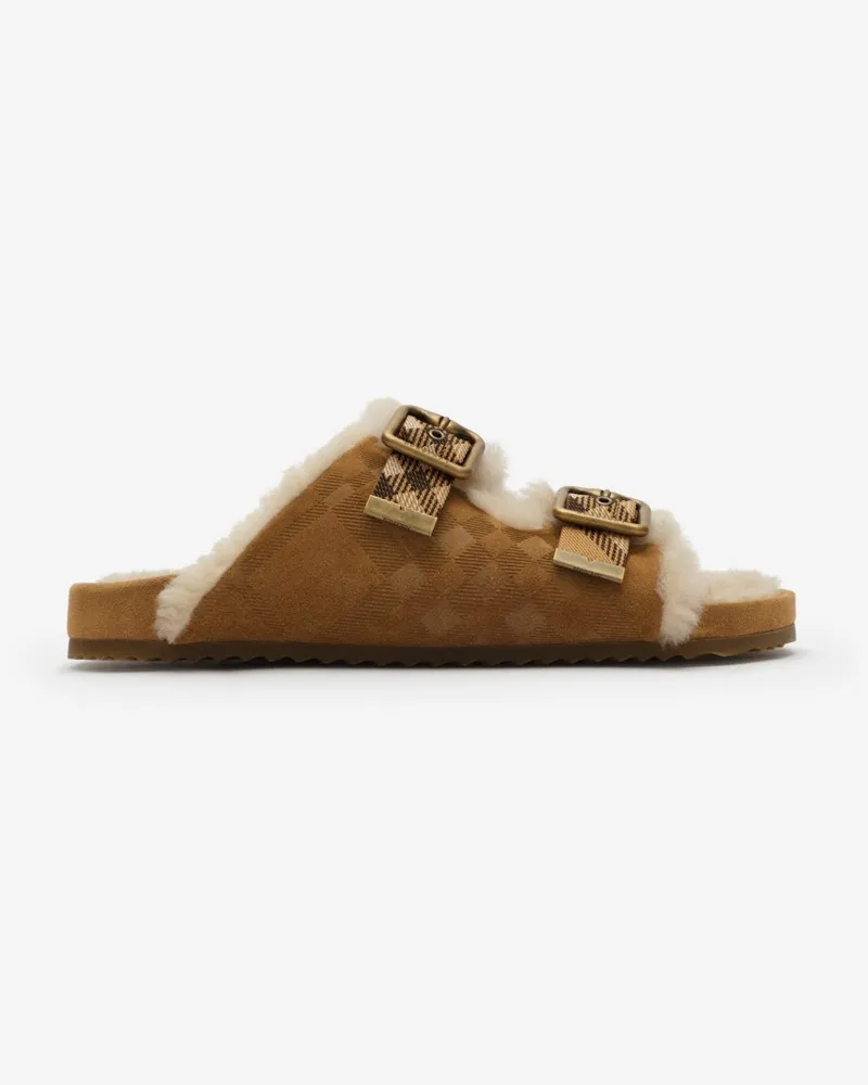 Burberry Lammfell-Sandalen „Urchin“ in Check , Size Jute-beige