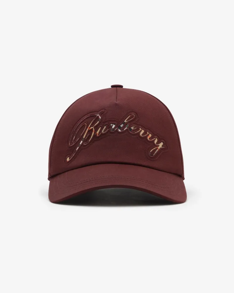Burberry Gabardine-Basecap in Check mit kursivem Logo Mahogany-rot