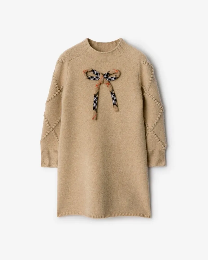 Burberry Woll-Kaschmir-Kleid mit Check-Schleife , Size Hellbeige