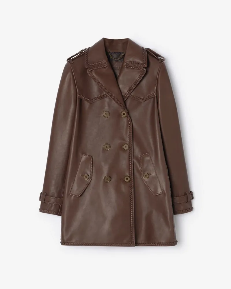 Burberry Kurzer Leder-Trenchcoat mit Fransen , Size Mittelbraun