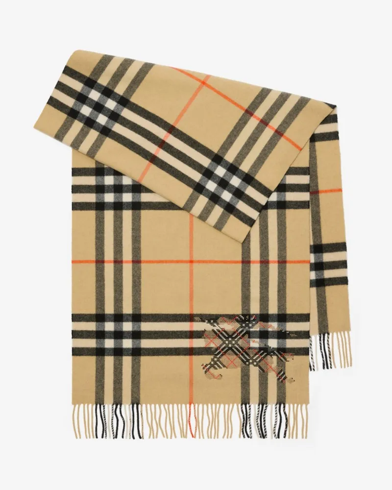 Burberry Breiter Kaschmirschal in Check mit EKD-Motiv im Kreuzstich Sand-beige