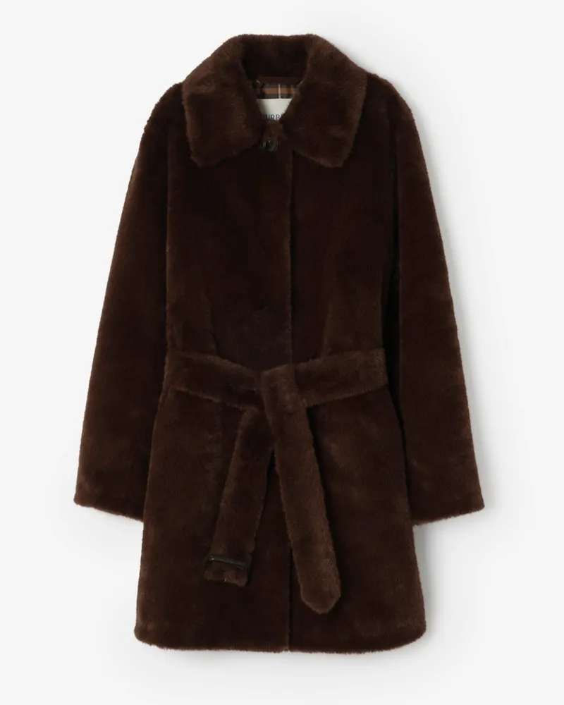 Burberry Kurzer Kunstpelz-Car Coat mit Gürtel , Size Chocolate-braun