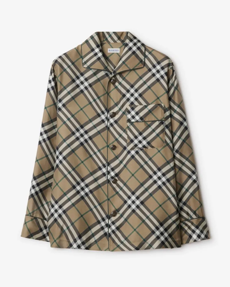Burberry Seiden-Pyjamaoberteil in Check Linden-beige