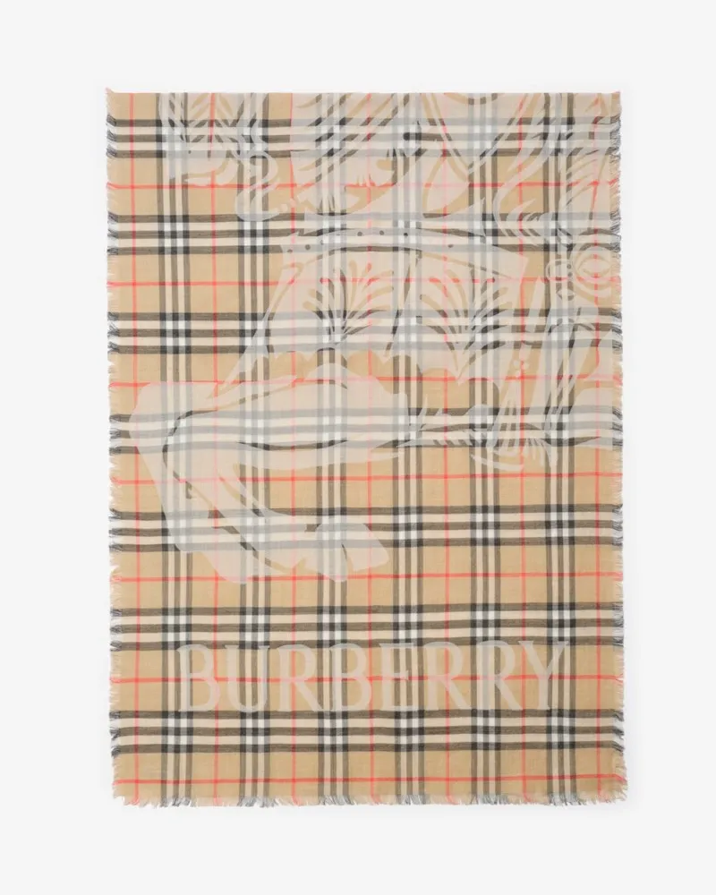 Burberry Breiterer Woll-Seiden-Schal in Check mit EKD-Motiv Sand-beige