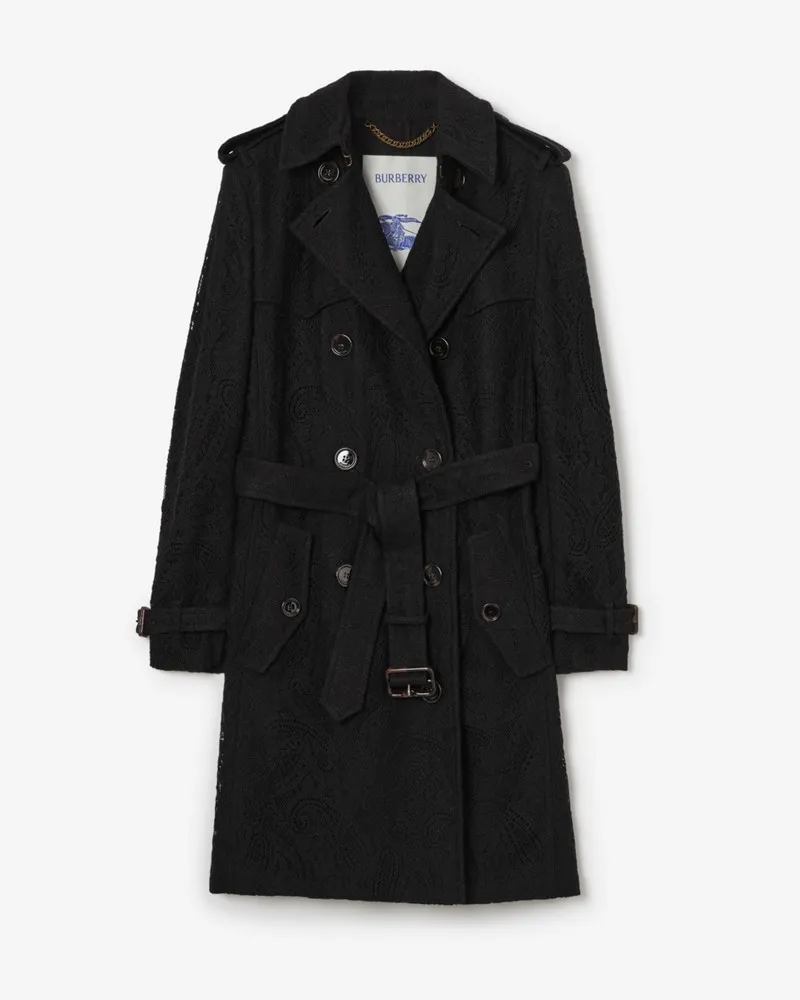 Burberry Mittellanger Spitzen-Trenchcoat „Foxfield“ mit Paisley-Muster , Size Black