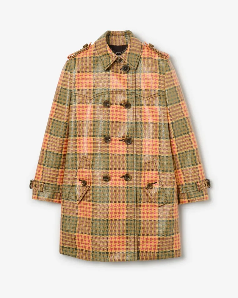 Burberry Kurzer beschichteter Trenchcoat „Summerside“ in Check mit Raffiabast-Effekt , Size Chrome-gelb