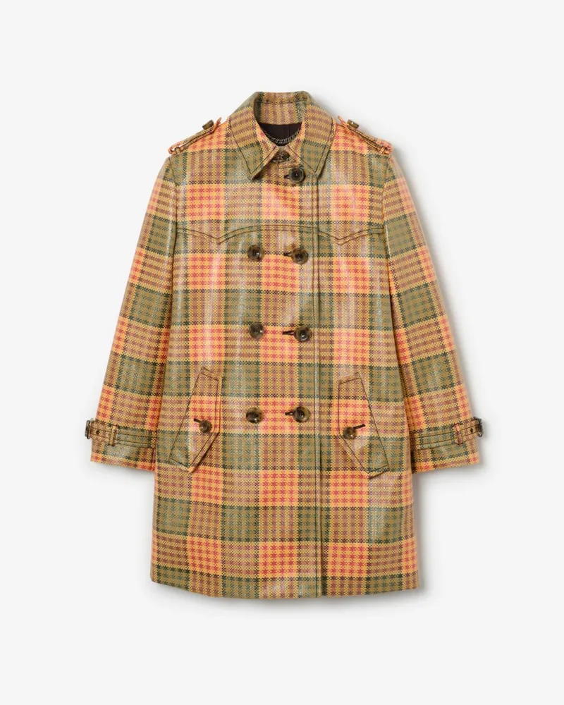 Burberry Kurzer beschichteter Trenchcoat „Summerside“ in Check mit Raffiabast-Effekt , Size Chrome-gelb