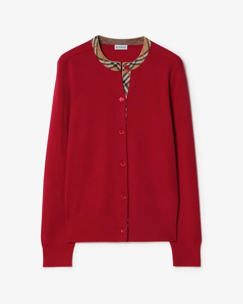 Burberry Woll-Cardigan mit Check-Besatz , Size Claret