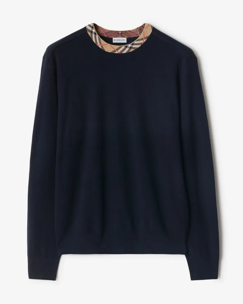 Burberry Wollpullover mit Check-Besatz Marineblau
