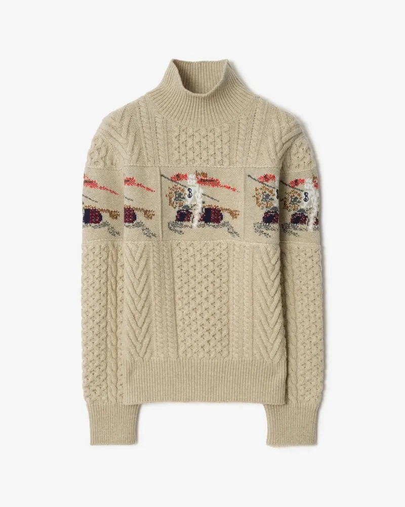 Burberry Wollpullover im Aran-Strick mit EKD-Motiv , Size Beige