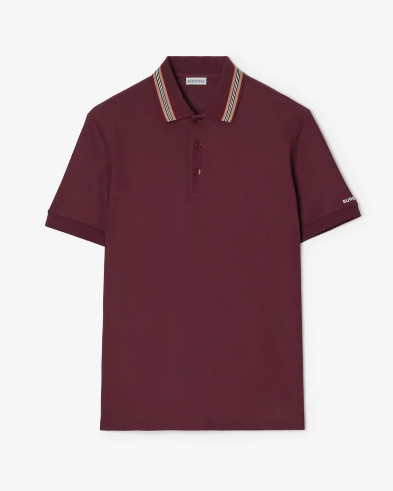 Burberry Baumwoll-Poloshirt mit Streifenbesatz , Size Raisin-rot