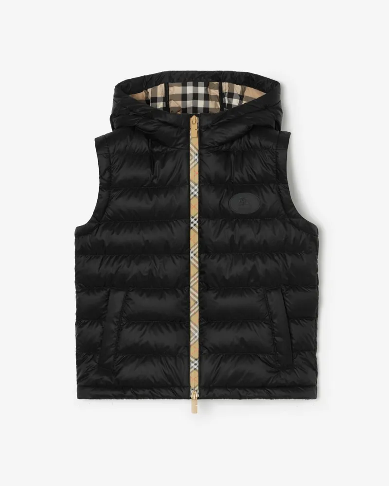 Burberry Wattierte Nylon-Kapuzenweste mit Check-Streifen , Size Schwarz