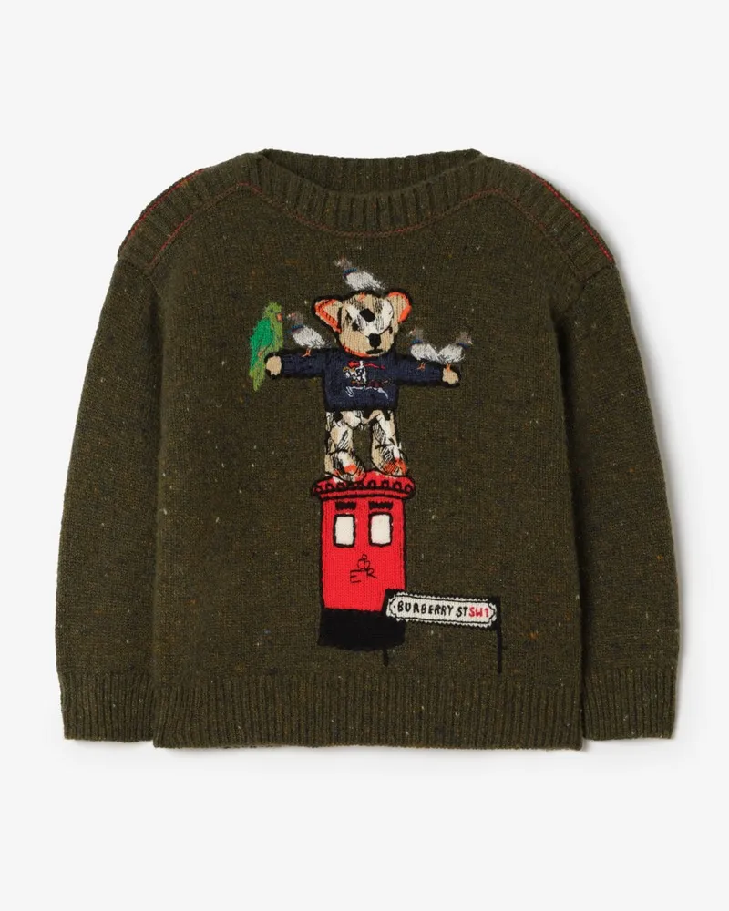 Burberry Woll-Kaschmir-Pullover mit Bär auf Briefkasten , Size Loden