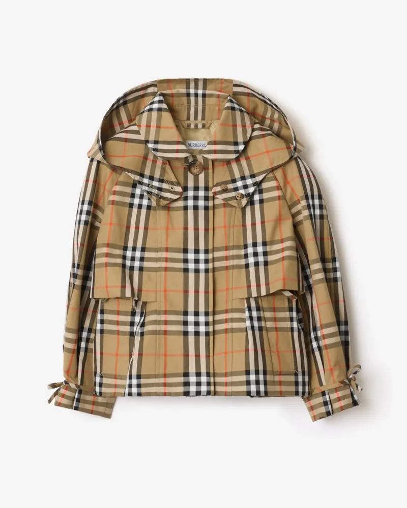 Burberry Baumwoll-Trenchjacke in Check mit Kapuze , Size Sand-beige