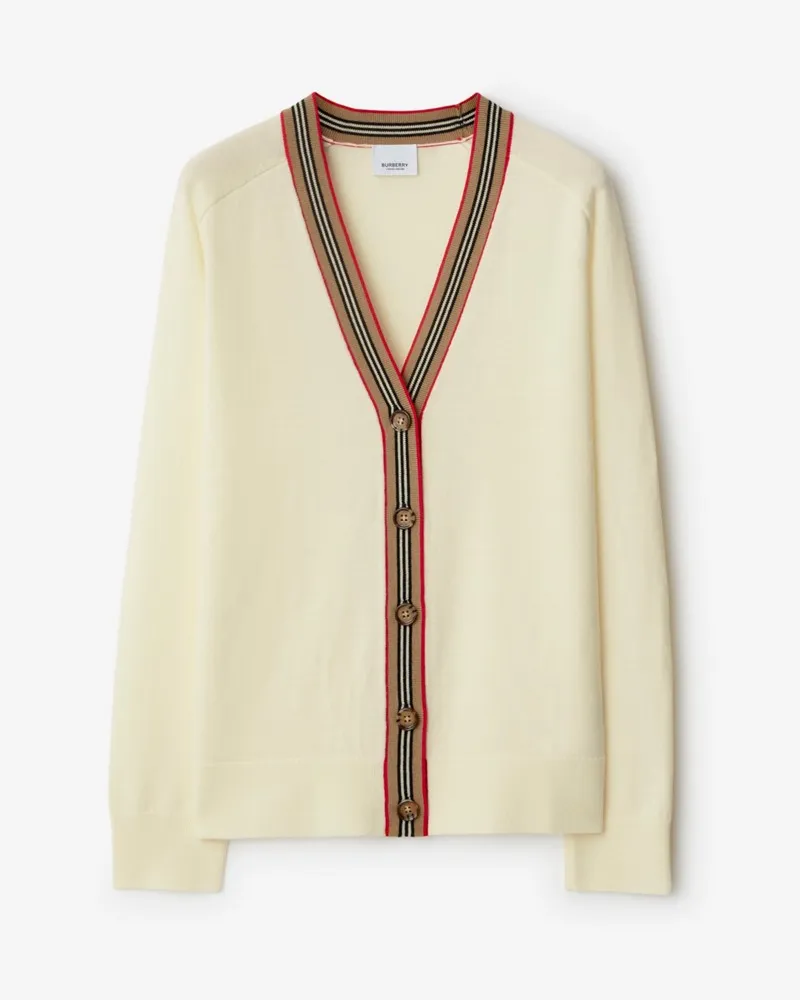 Burberry Wollcardigan mit Streifen-Besatz , Size Ivory-weiß