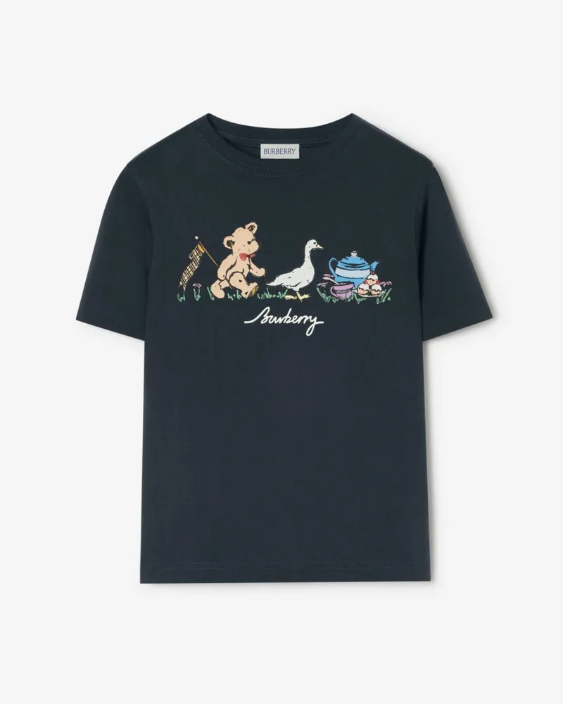 Burberry Baumwoll-T-Shirt mit Thomas Teddybär beim Picknick , Size Marineblau