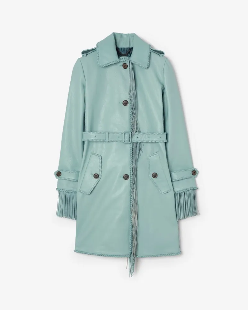 Burberry Kurzer Car Coat aus Leder mit Fransen , Size Türkis
