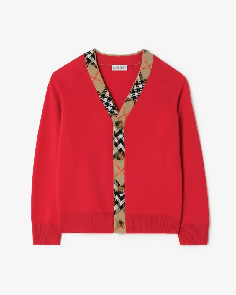 Burberry Woll-Cardigan mit Check-Besatz , Size Rot