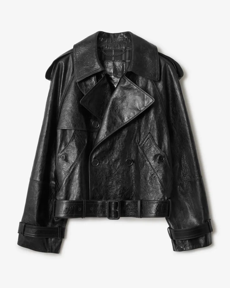 Burberry Cropped-Trenchjacke aus geprägtem Leder Silhouette-schwarz