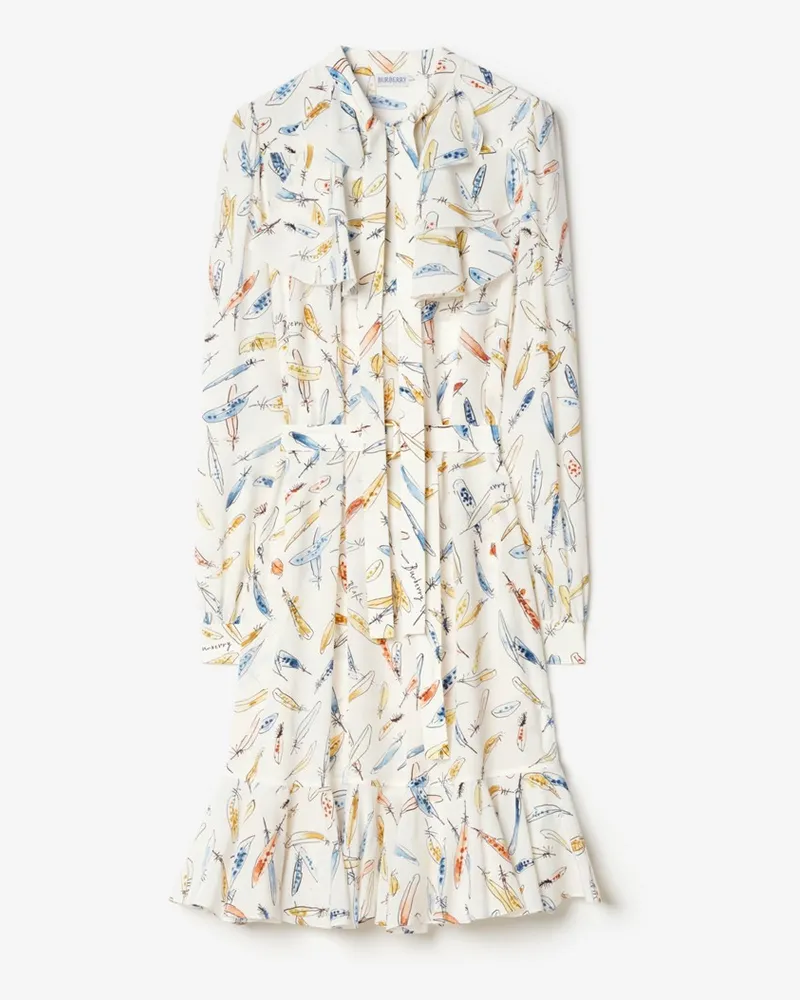 Burberry Gerüschtes Seidenkleid mit Feder-Print , Size Ink-blau