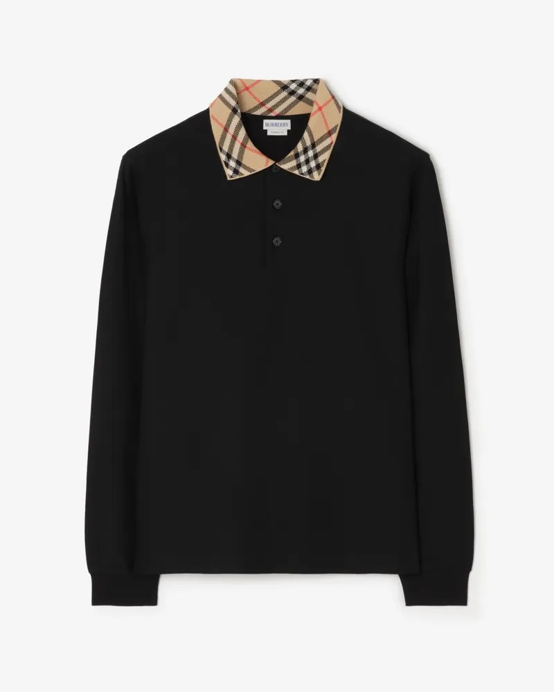 Burberry Langärmeliges Baumwoll-Poloshirt mit Check-Kragen Schwarz