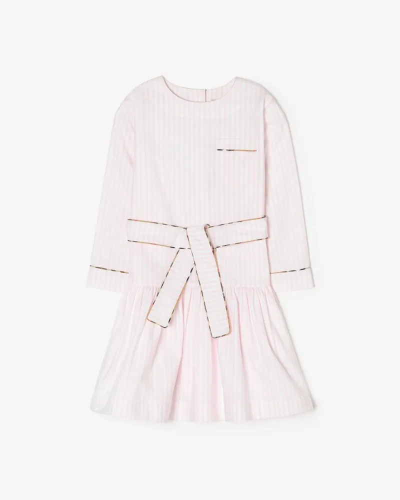 Burberry Langärmeliges Oxford-Kleid aus Baumwolle mit Check-Besatz , Size Frosty