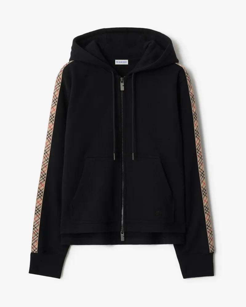 Burberry Baumwoll-Kapuzenjacke mit Check-Besatz , Size Black