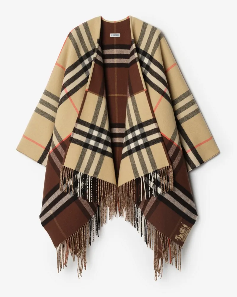 Burberry Contrast Check Cashmere Wool Cape Sand