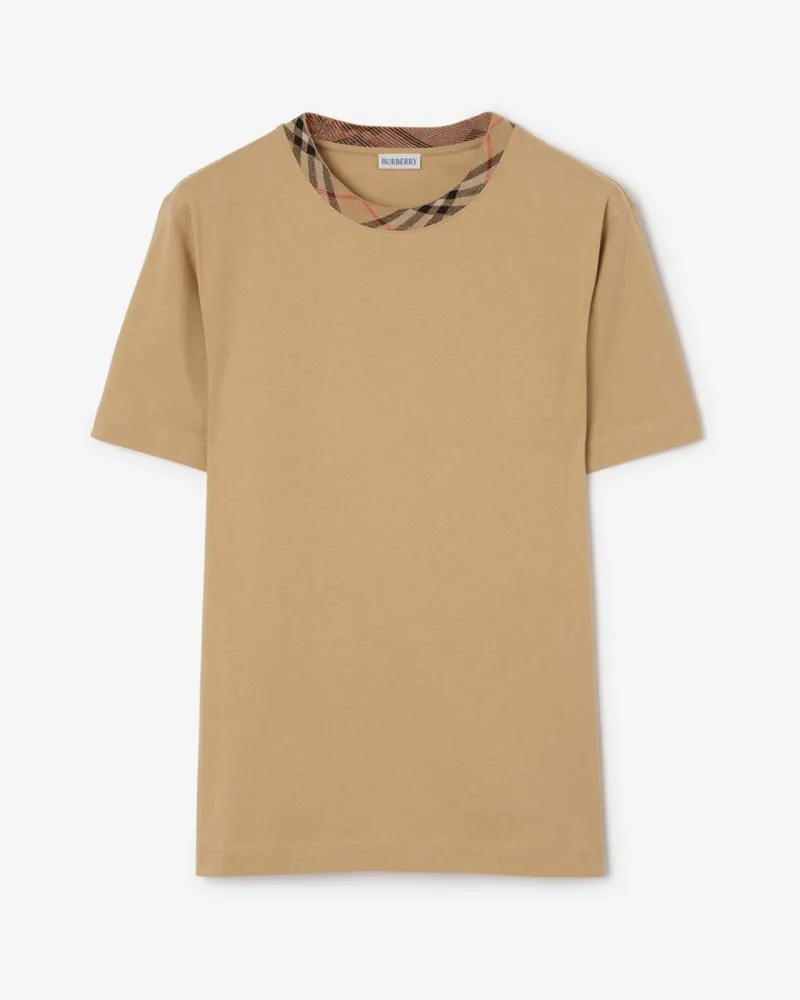 Burberry Check Trim Cotton T-shirt , Size Beige