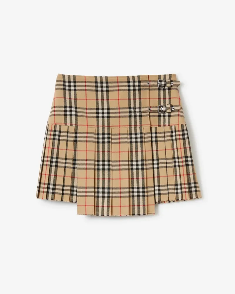 Burberry Mini-Kilt aus Wolle in Check mit Falten Vintage-beige