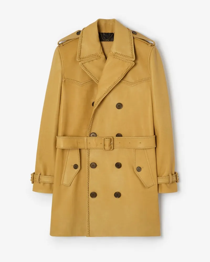 Burberry Mittellanger Trenchcoat „Leverton“ aus Leder , Size Mustard-gelb