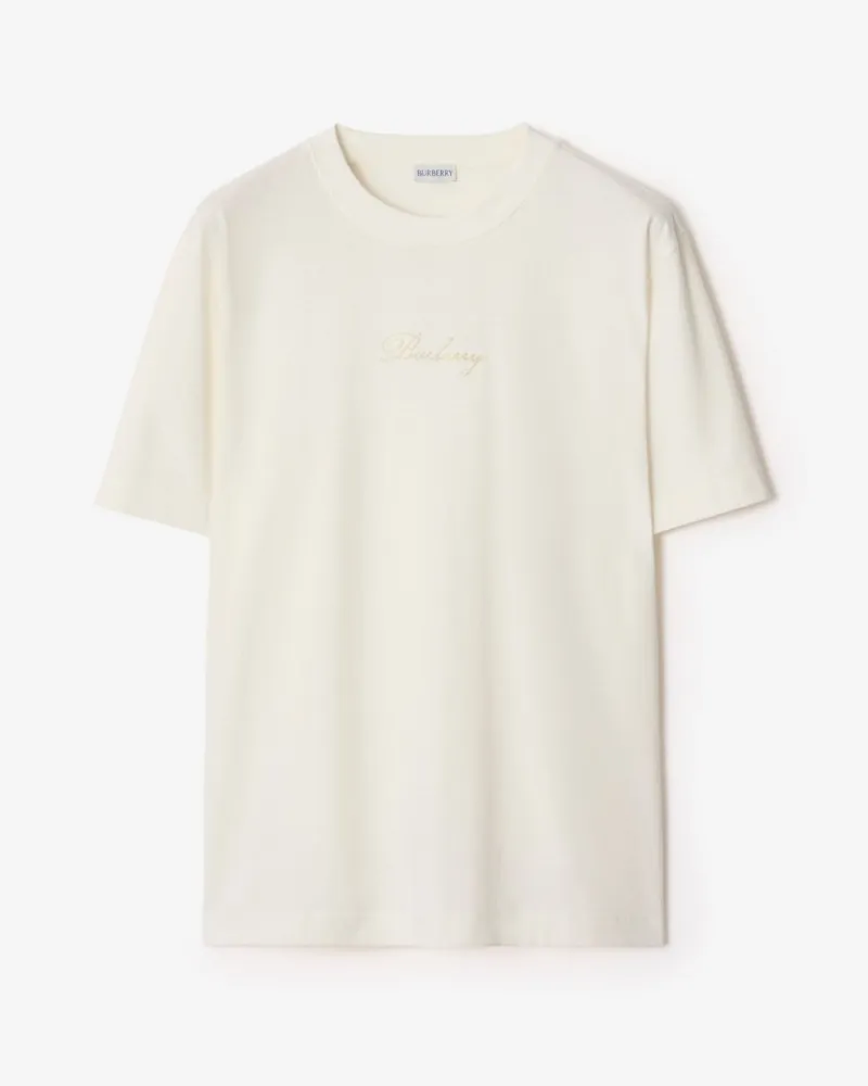Burberry Baumwoll-T-Shirt mit kursivem Logo in Check Chalk-weiß