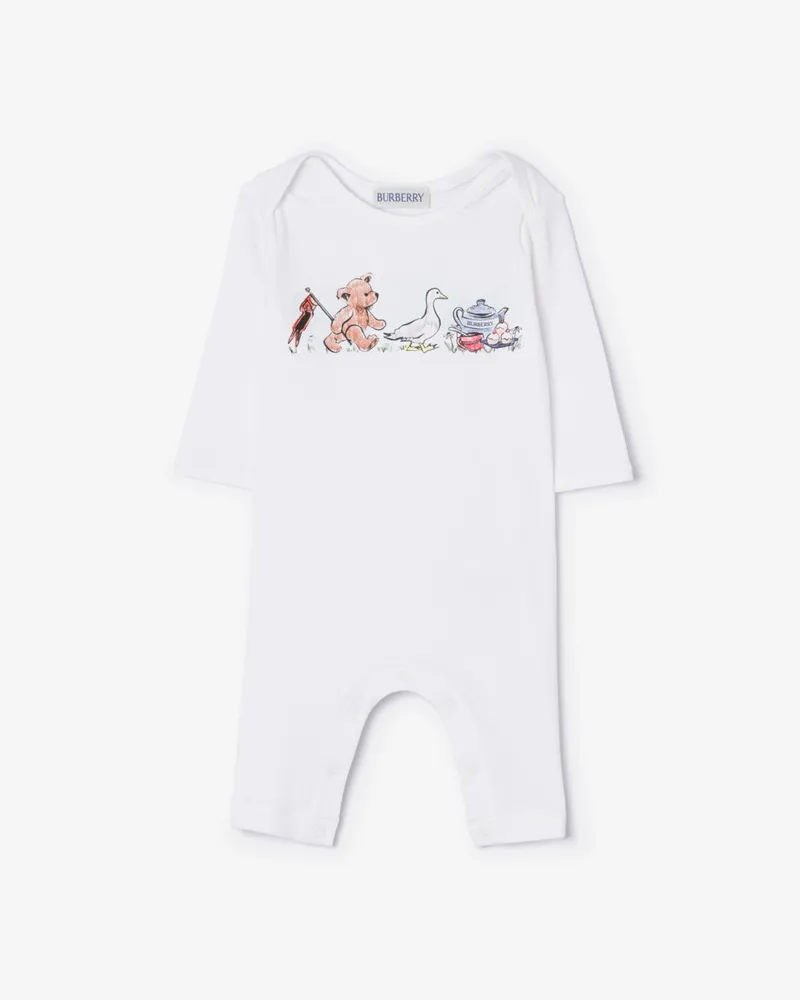 Burberry Stretchbaumwoll-Strampelanzug mit Thomas Teddybär  Freunden , Size Weiß