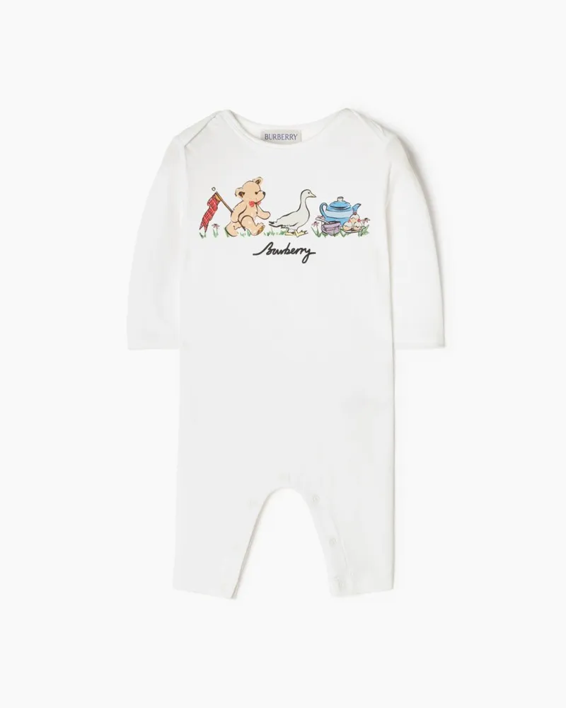 Burberry Stretchbaumwoll-Strampelanzug mit Thomas Teddybär  Freunden , Size Weiß