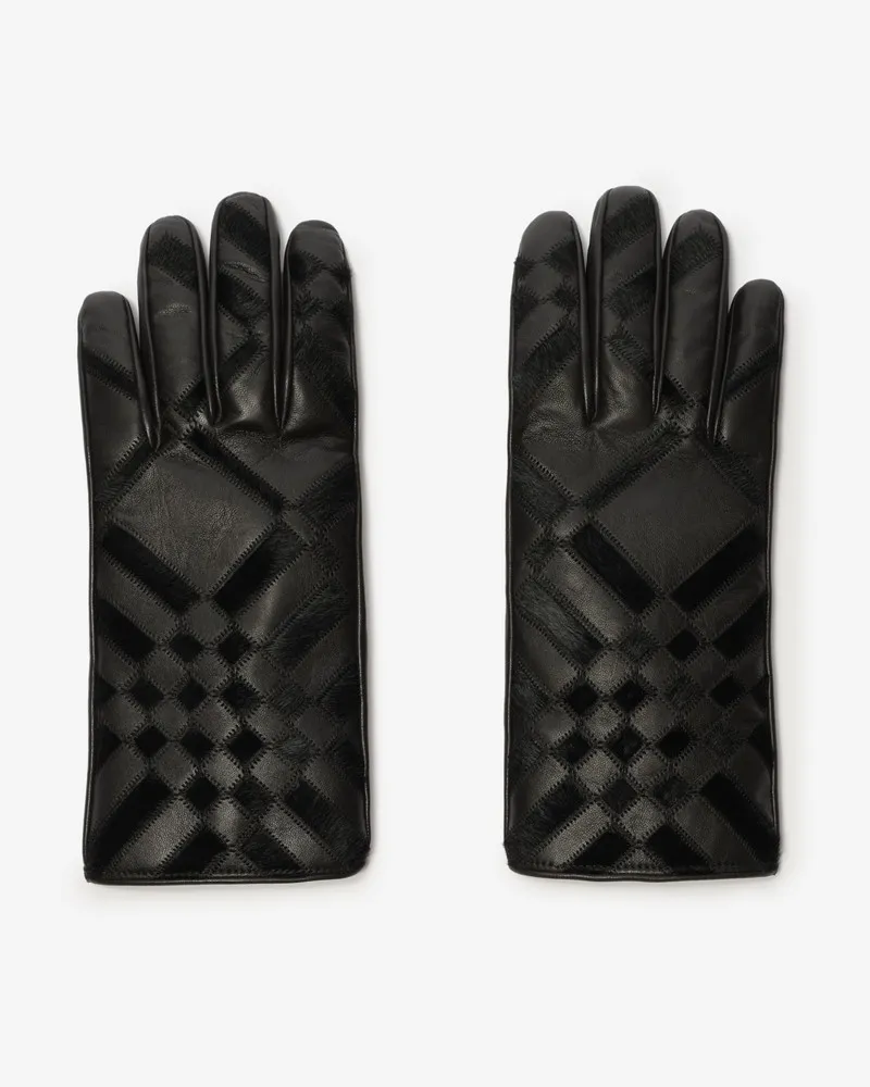 Burberry Lederhandschuhe in Intarsien-Check , Size Schwarz