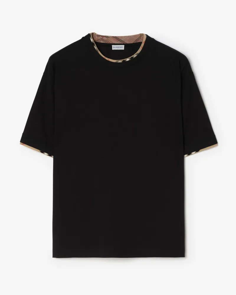 Burberry Baumwoll-T-Shirt mit Check-Besatz , Size Black