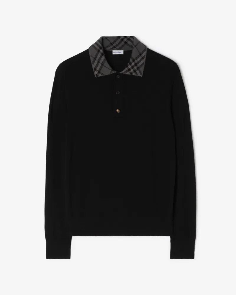 Burberry Langärmeliges Kaschmir-Poloshirt mit Check-Kragen , Size Black