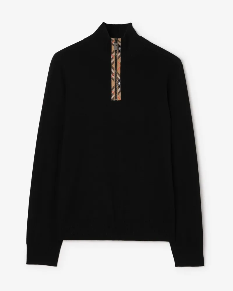 Burberry Wollpullover mit Check-Besatz und halblangem Reißverschluss , Size Schwarz