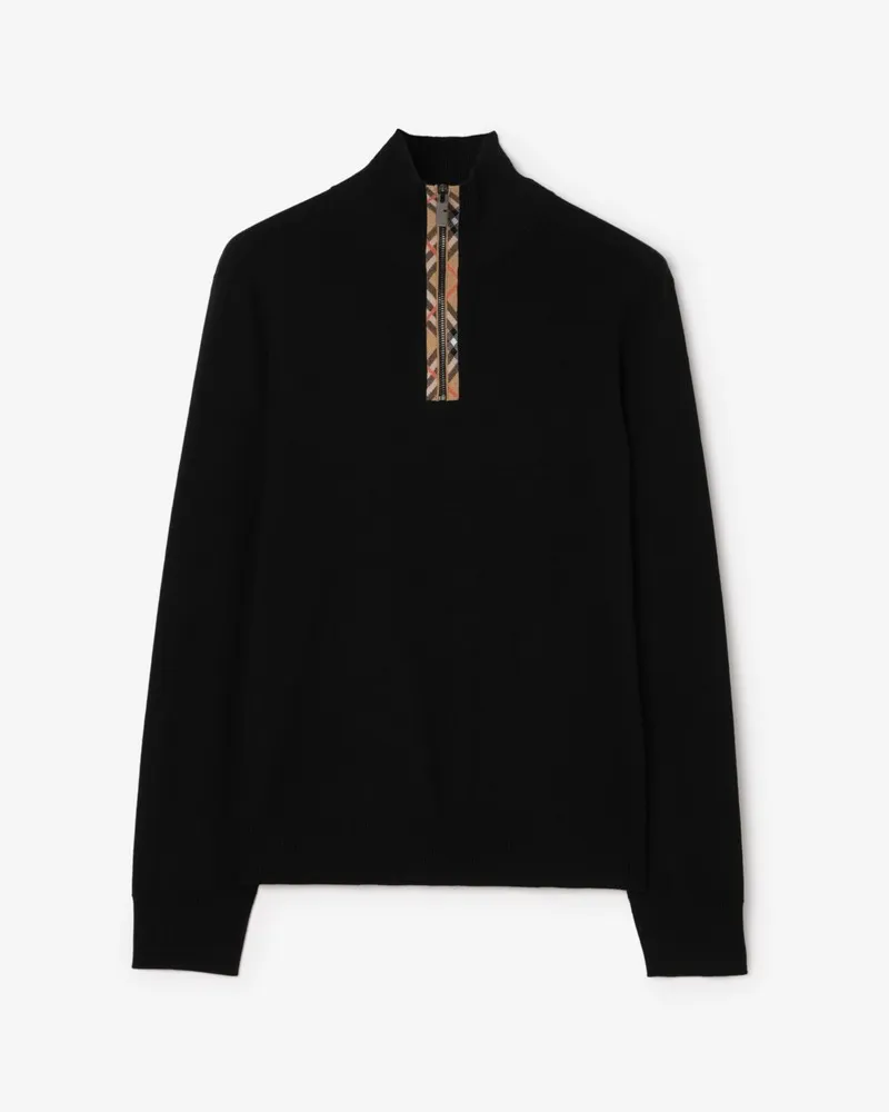 Burberry Wollpullover mit Check-Besatz und halblangem Reißverschluss Schwarz