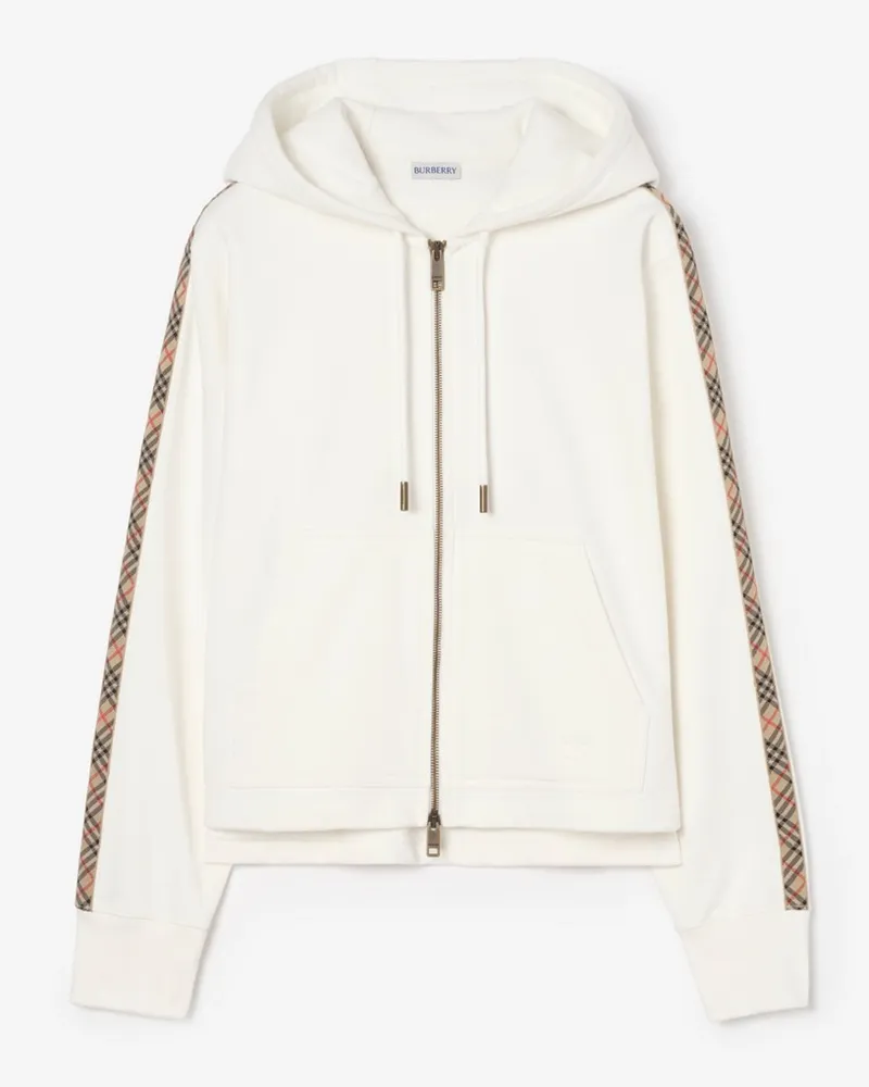 Burberry Baumwoll-Kapuzenjacke mit Check-Besatz und Reißverschluss Chalk-weiß