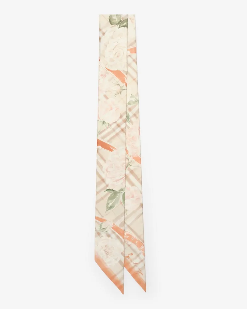 Burberry Schmaler Seidenschal mit Check und Rosenprint Honey