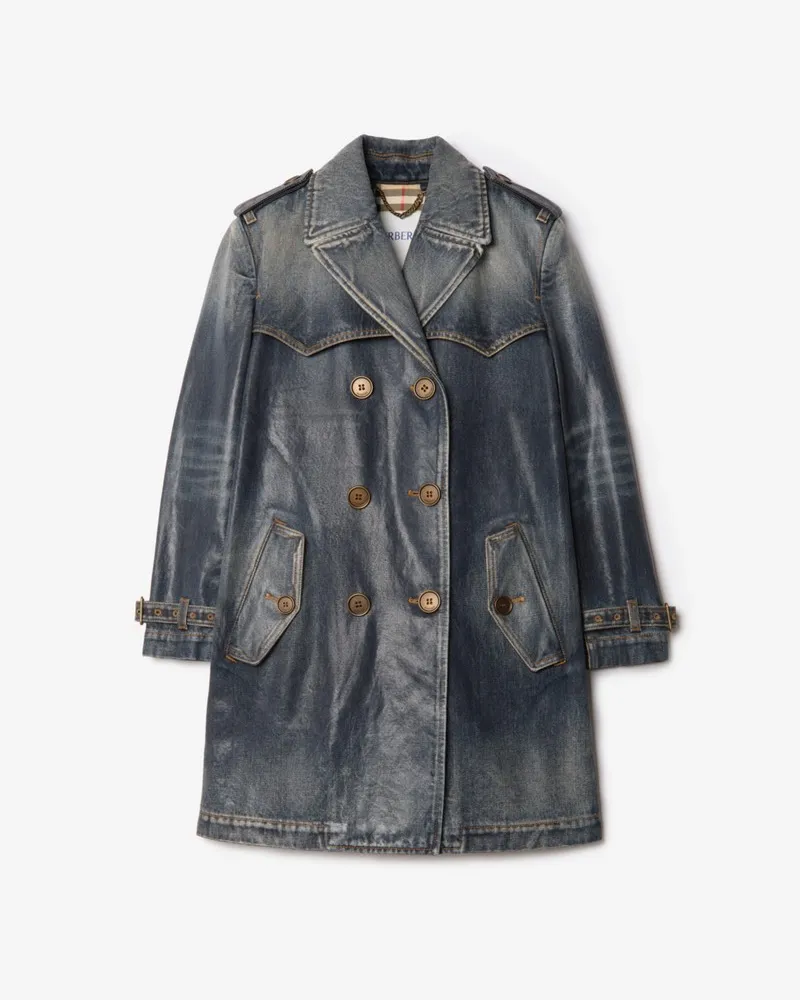 Burberry Kurzer Trenchcoat aus beschichtetem Denim , Size Mid