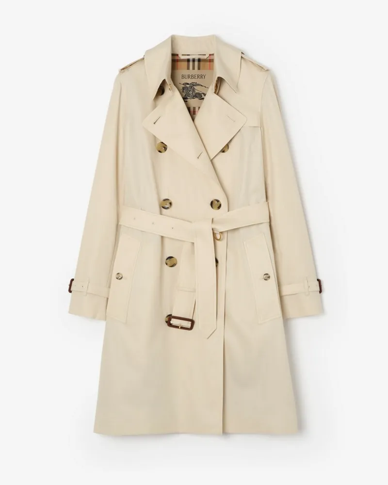 Burberry Mittellanger Trenchcoat „Kensington“ aus Tropengabardine , Size Clam-beige