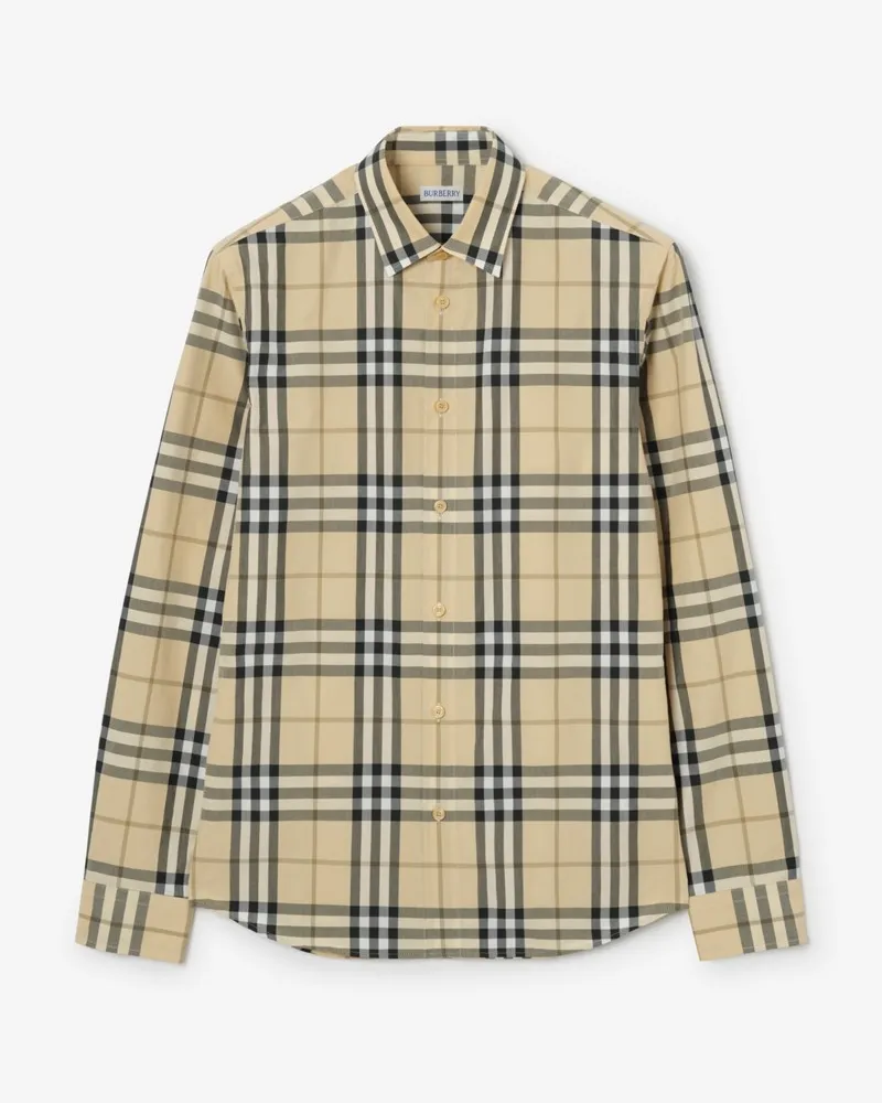 Burberry Schmales Baumwollhemd in Check Grain-beige