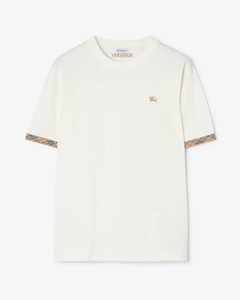 Burberry Baumwoll-T-Shirt mit Check-Besatz , Size Chalk