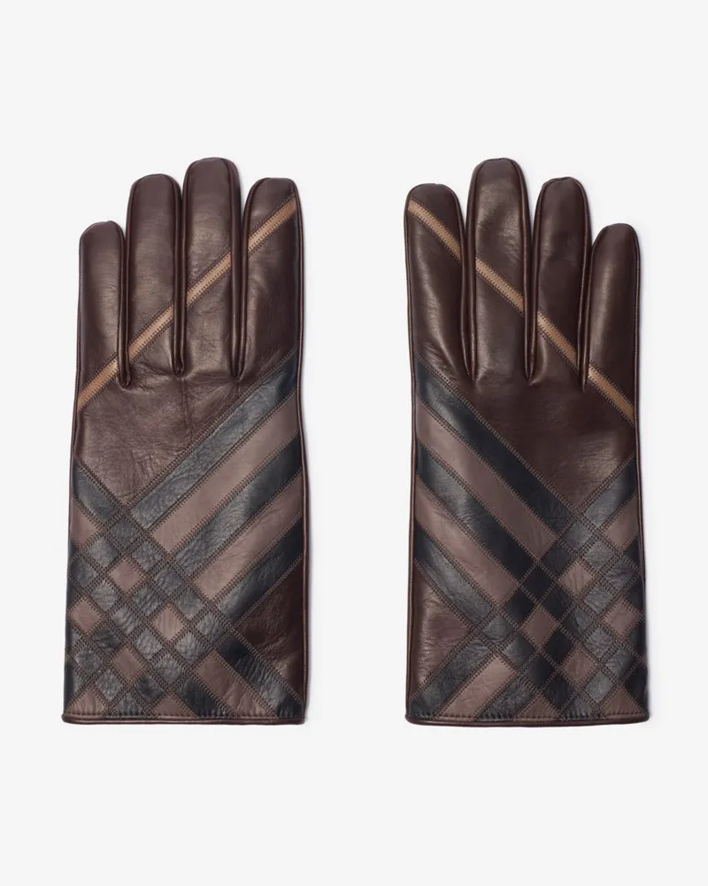 Burberry Lederhandschuhe in Intarsien-Check Truffle-braun